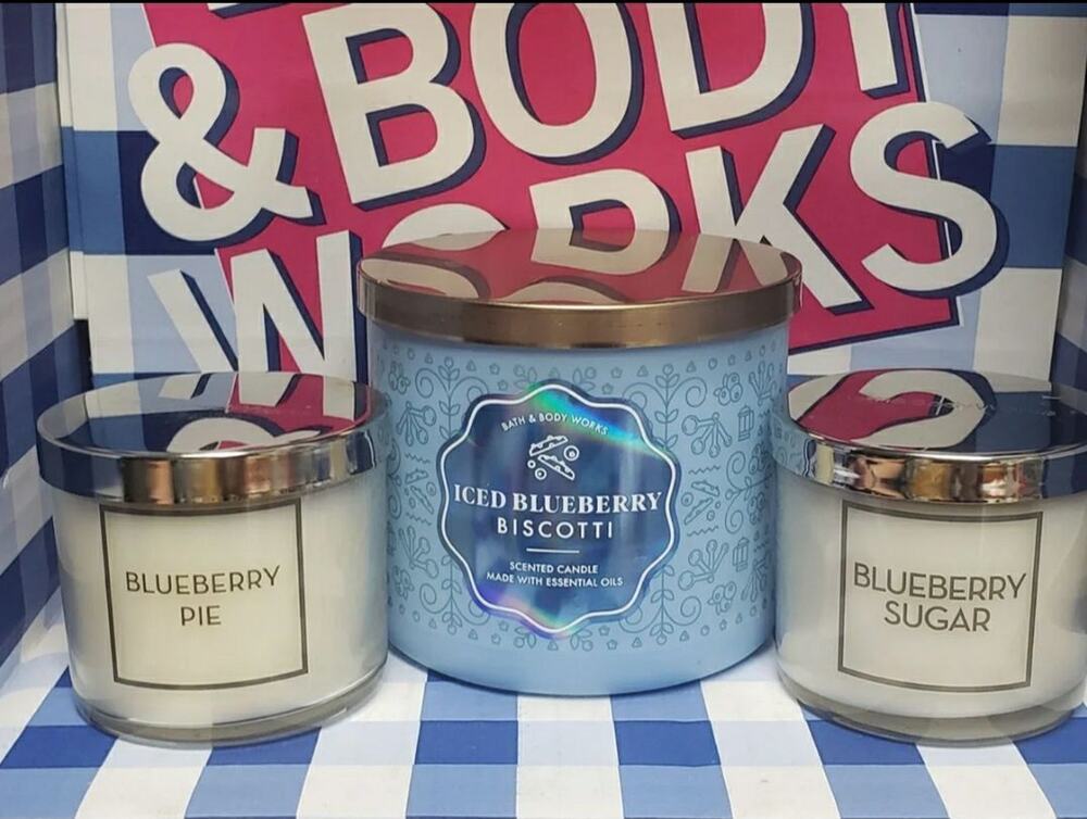 BBW Iced Blueberry Biscotti Large 3 Wick & Blueberry Sugar & Pie Single Wicks